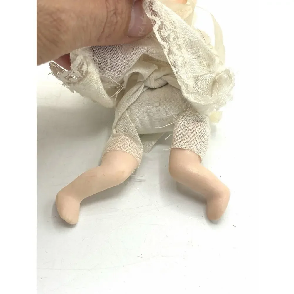 Antique Style Bisque Baby Doll 5” Painted Face Lace Christening Gown